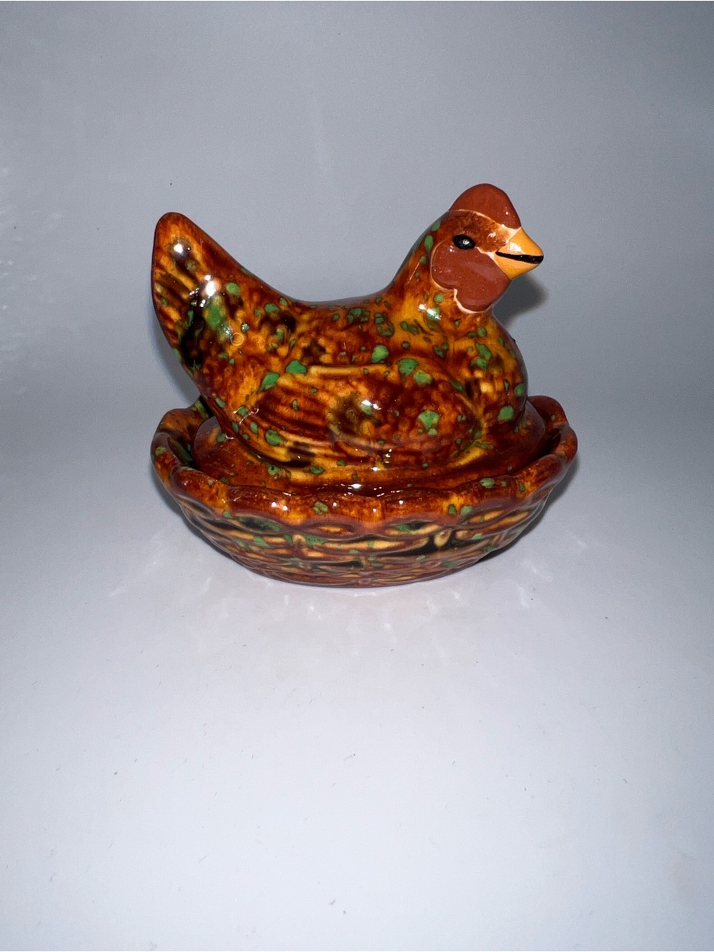 Brown Speckled Ceramic Hen on Nest - Decorative Bird Figurine